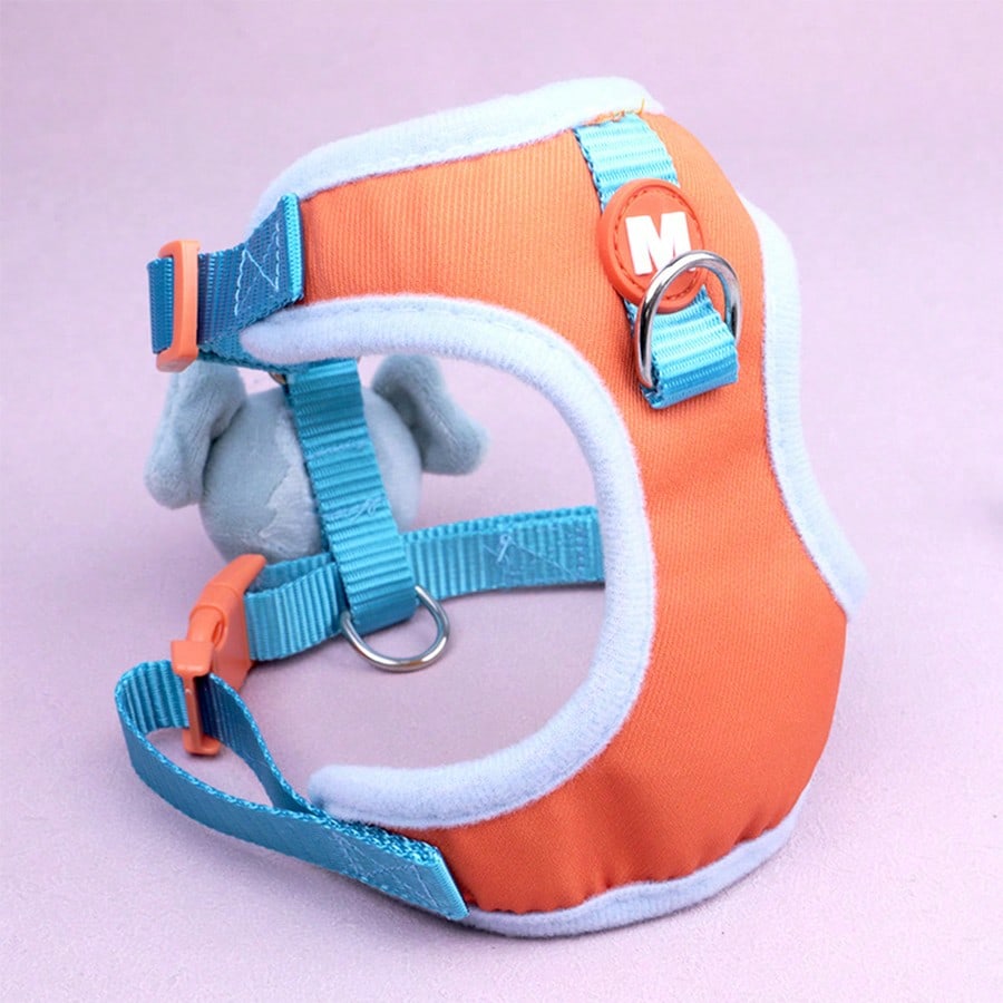 Blue cartoon elephant pet harness and leash set with adjustable vest-style design for cats or dogs, featuring a colorblock pattern and breathable mesh look.