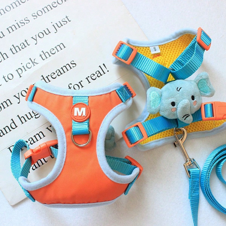 Blue cartoon elephant pet harness and leash set with adjustable vest-style design for cats or dogs, featuring a colorblock pattern and breathable mesh look.