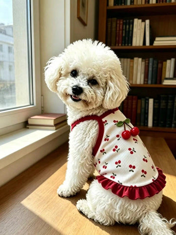 Cherry Print Pet Dress, Sleeveless Ruffle Hem Breathable For Small Dogs And Cats, Suitable For Poodle Teddy Chihuahua, Anti-Shedding