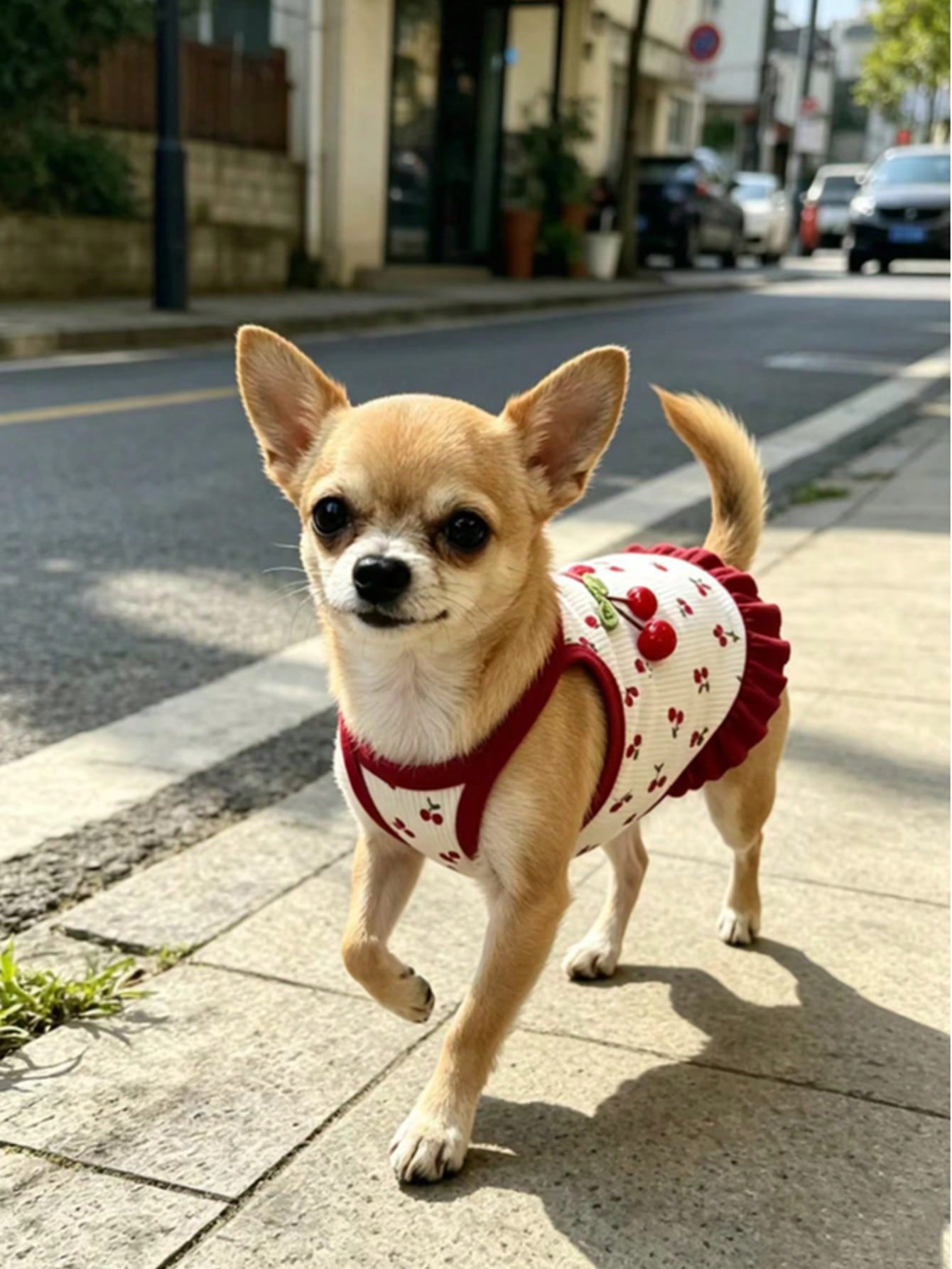 Cherry Print Pet Dress, Sleeveless Ruffle Hem Breathable For Small Dogs And Cats, Suitable For Poodle Teddy Chihuahua, Anti-Shedding