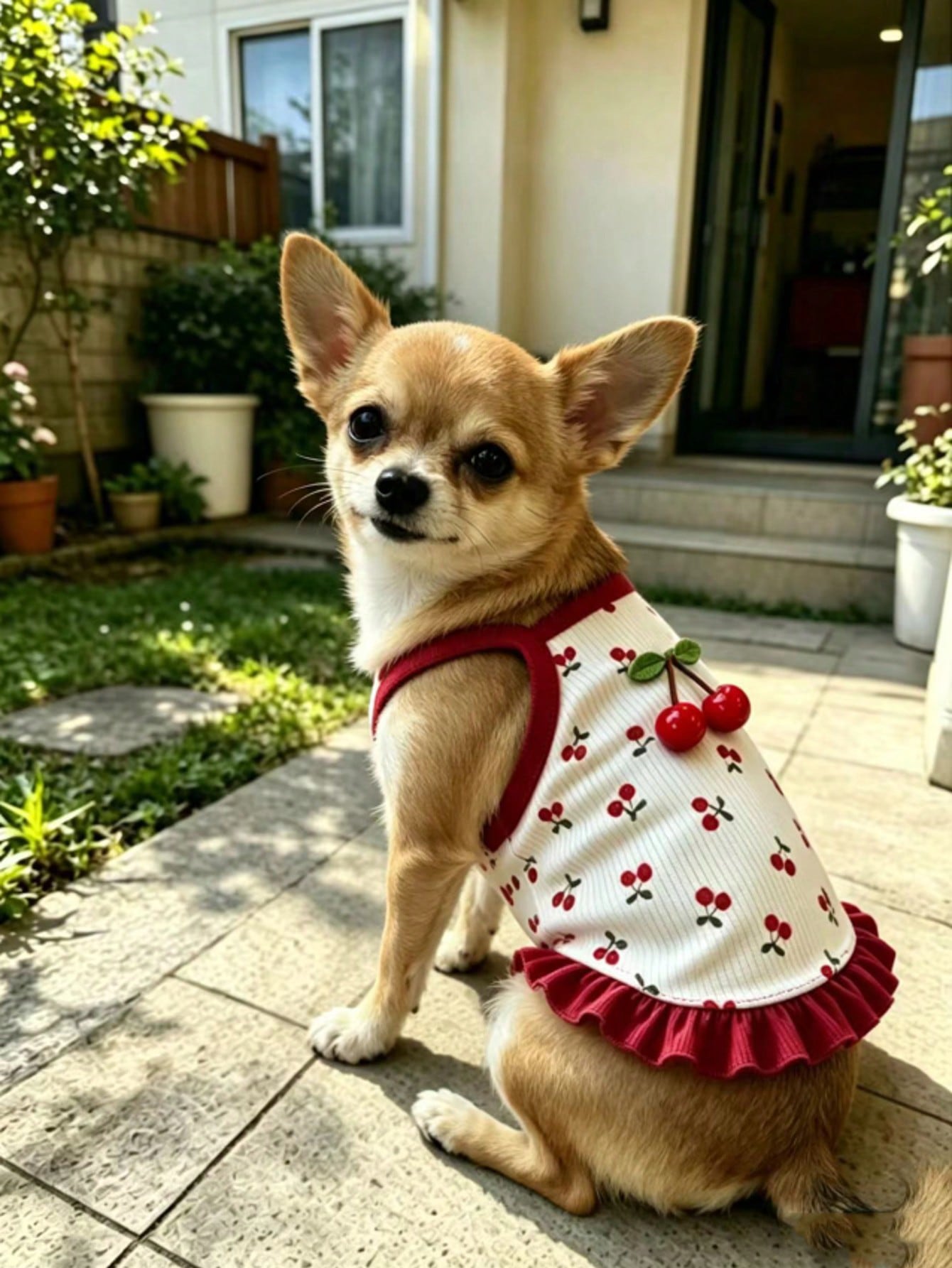 Cherry Print Pet Dress, Sleeveless Ruffle Hem Breathable For Small Dogs And Cats, Suitable For Poodle Teddy Chihuahua, Anti-Shedding