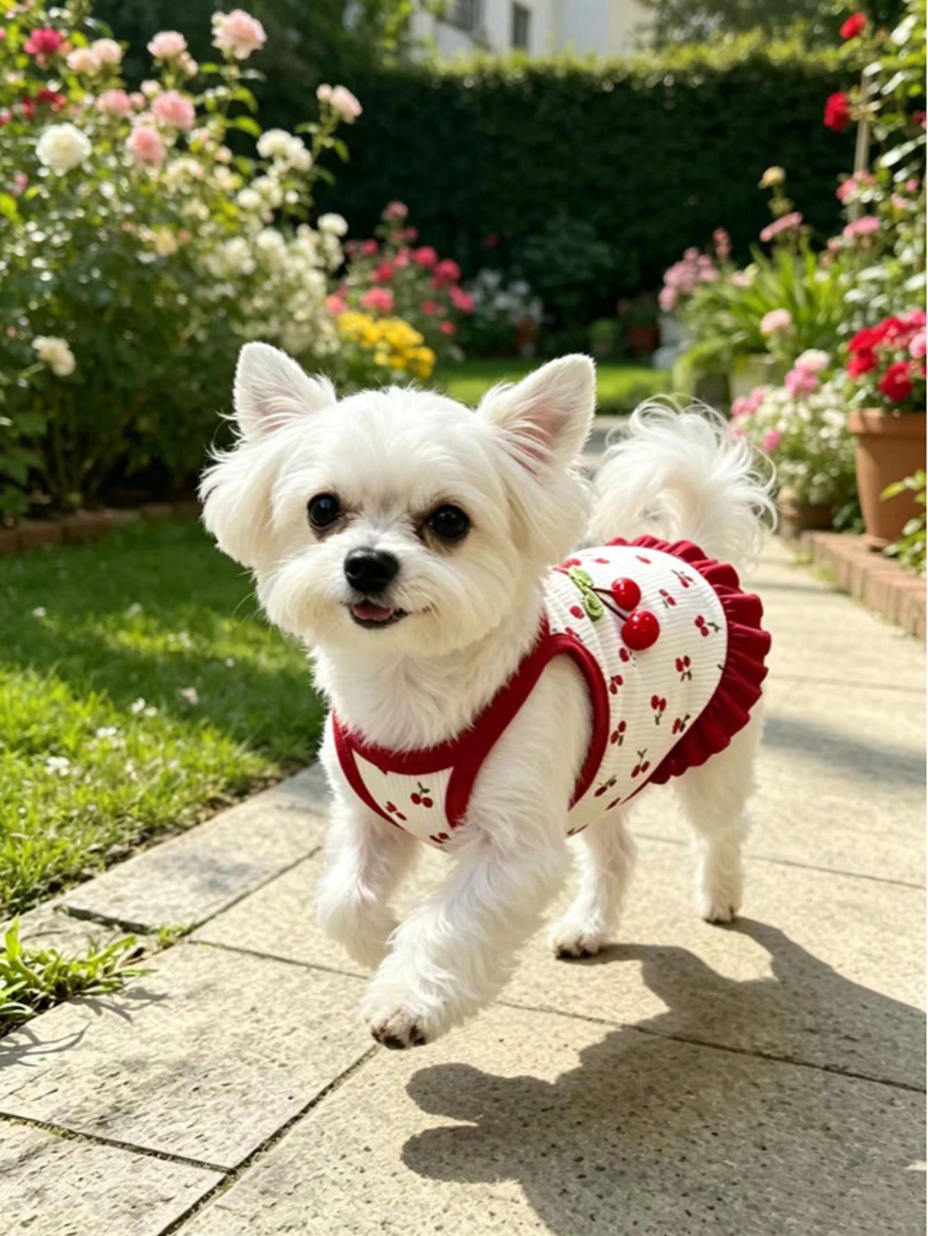 Cherry Print Pet Dress, Sleeveless Ruffle Hem Breathable For Small Dogs And Cats, Suitable For Poodle Teddy Chihuahua, Anti-Shedding