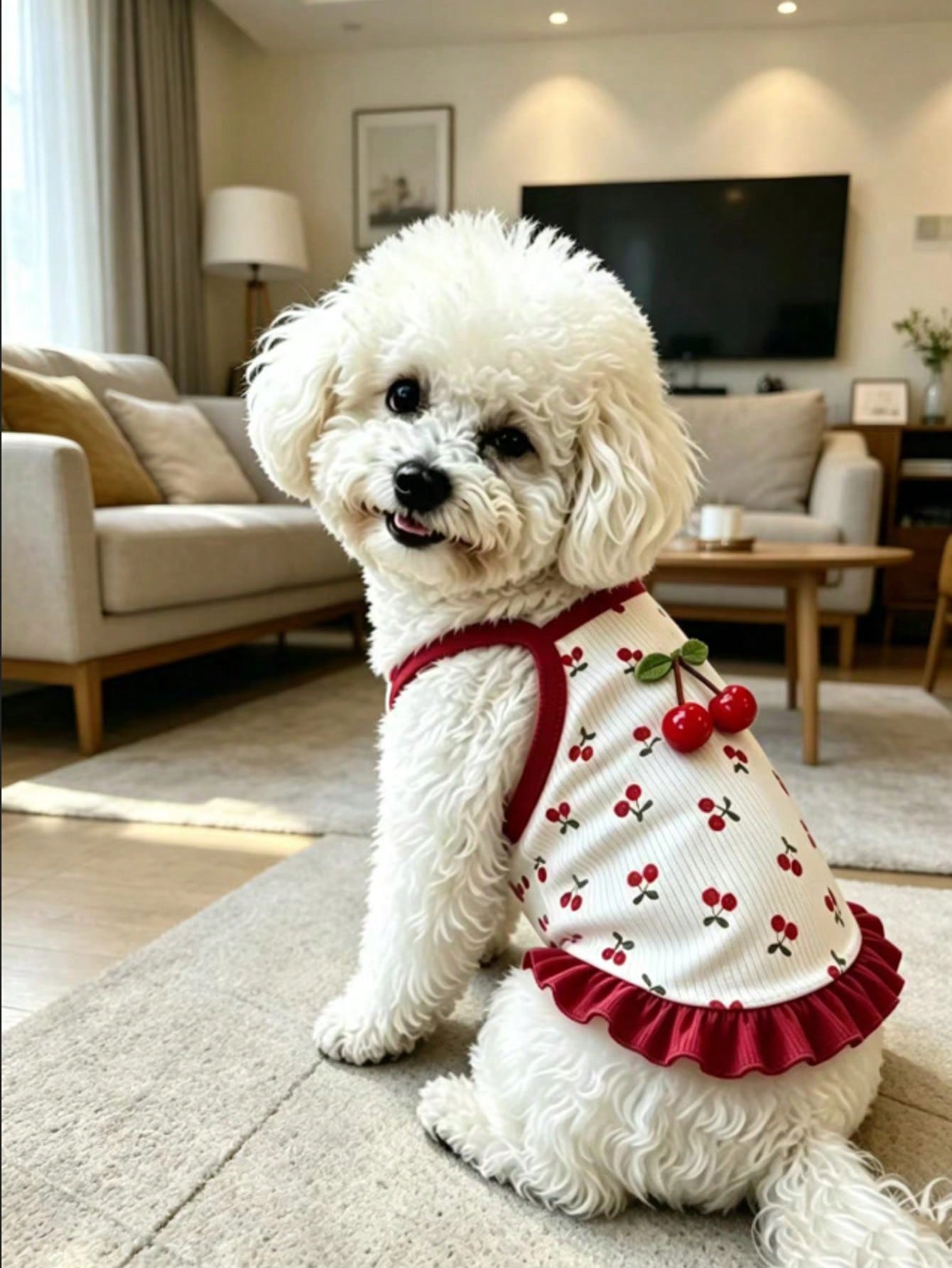 Cherry Print Pet Dress, Sleeveless Ruffle Hem Breathable For Small Dogs And Cats, Suitable For Poodle Teddy Chihuahua, Anti-Shedding