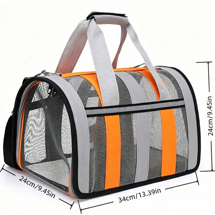 Orange foldable breathable mesh pet carrier backpack with geometric pattern for small animal travel