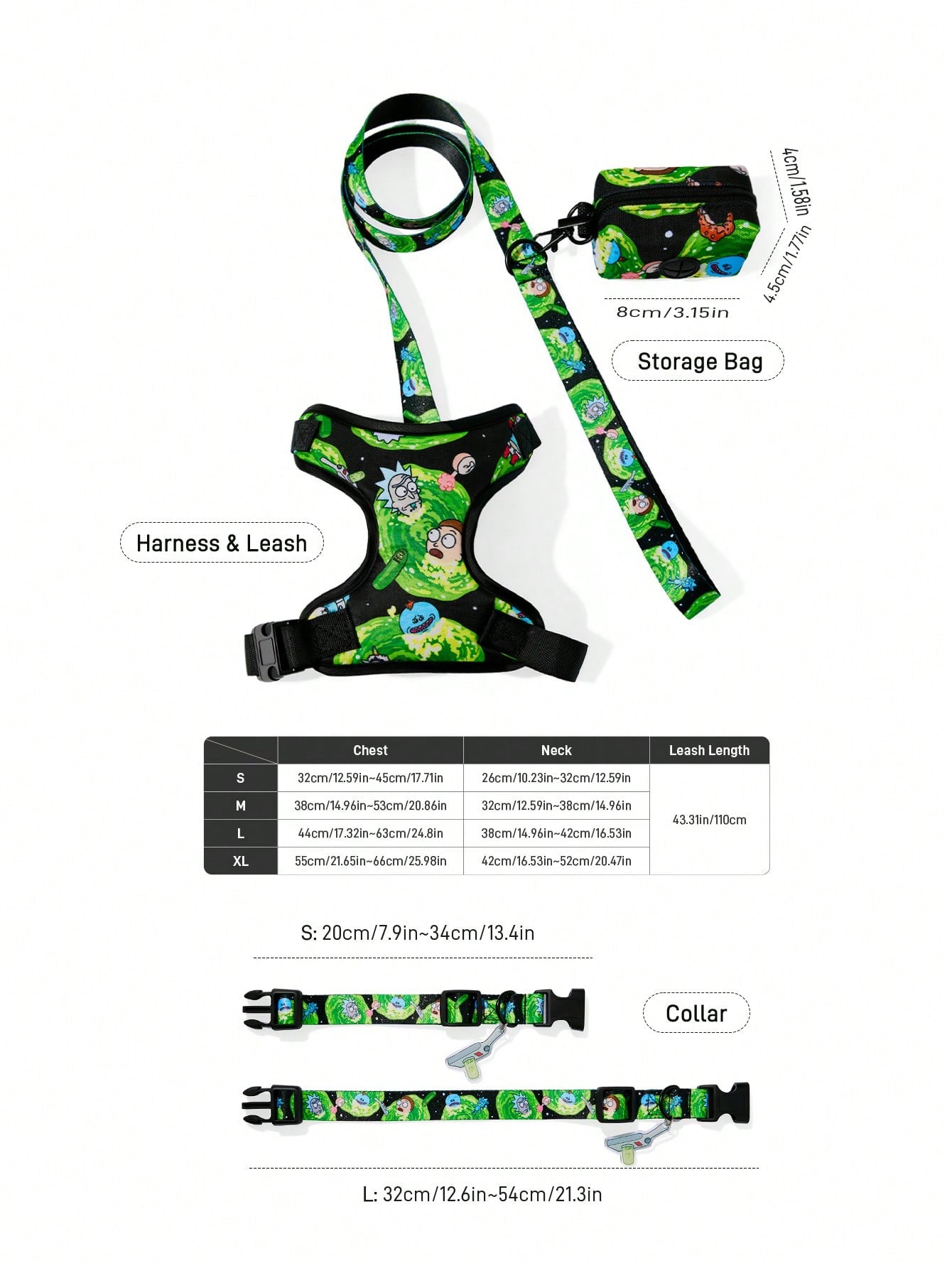 Multicolor cartoon pattern pet collar and leash set with adjustable polyester straps and portable storage bag for cats and dogs