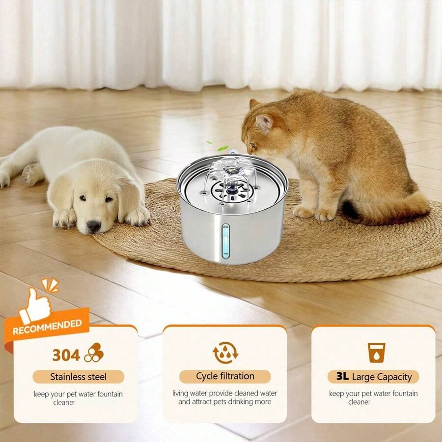 3L stainless steel automatic cat water fountain with quiet USB powered drinking dispenser design for pets