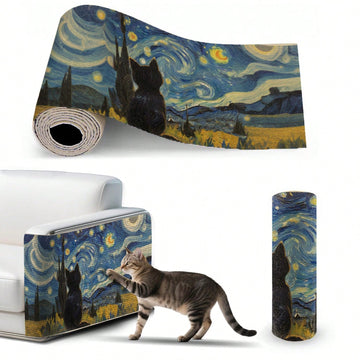 Self-adhesive polyester cat scratcher pad mounted on wall and sofa as furniture protector for indoor cats.