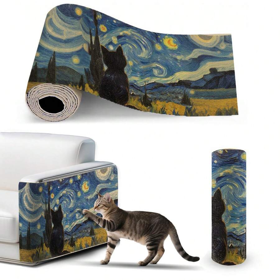 Self-adhesive polyester cat scratcher pad mounted on wall and sofa as furniture protector for indoor cats.