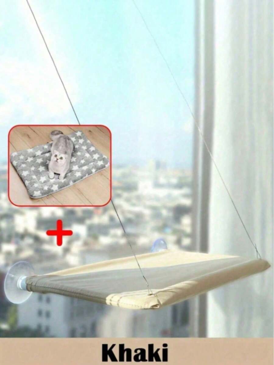 Suspended cat window hammock bed with sturdy ABS frame, mounting brackets, and cozy blanket installed on a glass window.
