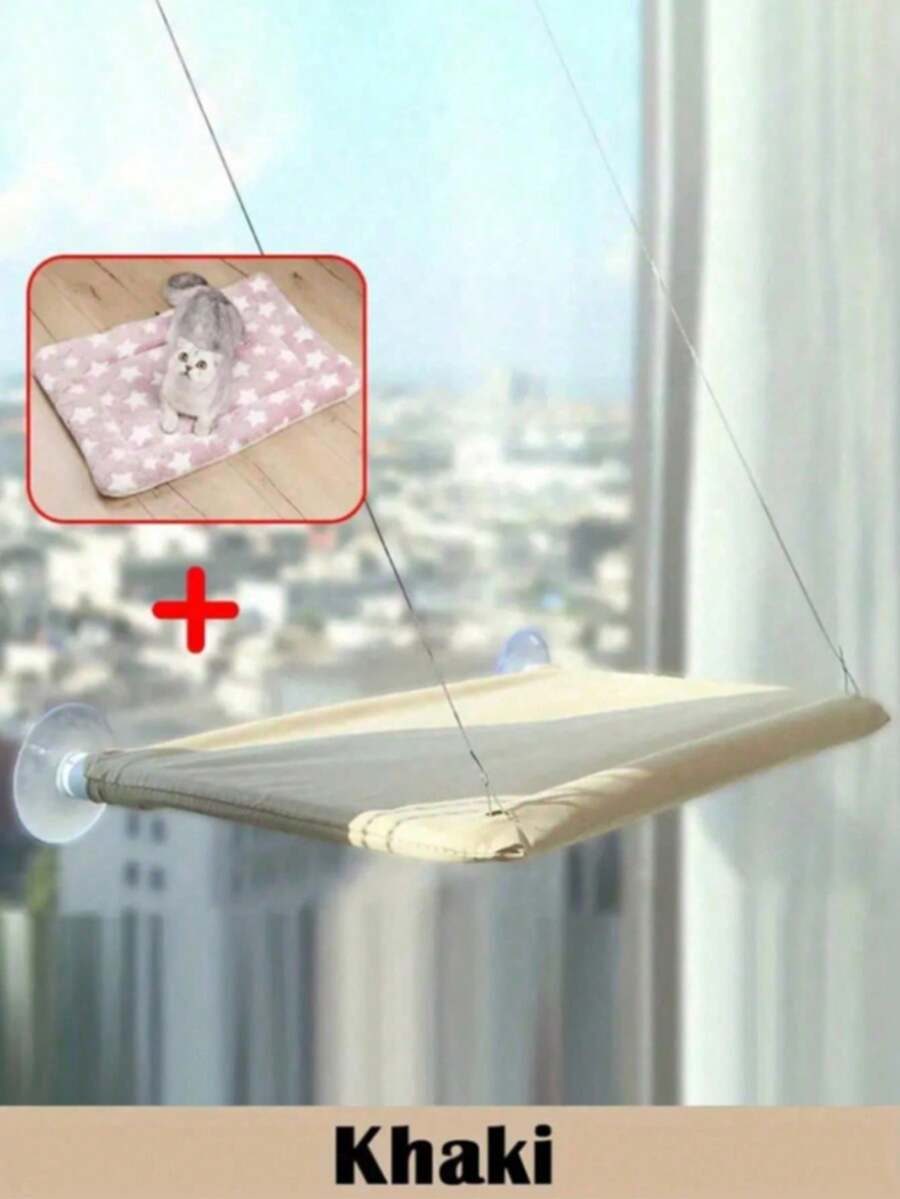 Suspended cat window hammock bed with sturdy ABS frame, mounting brackets, and cozy blanket installed on a glass window.