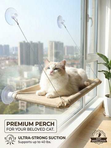 Suspended cat window hammock bed with sturdy ABS frame, mounting brackets, and cozy blanket installed on a glass window.