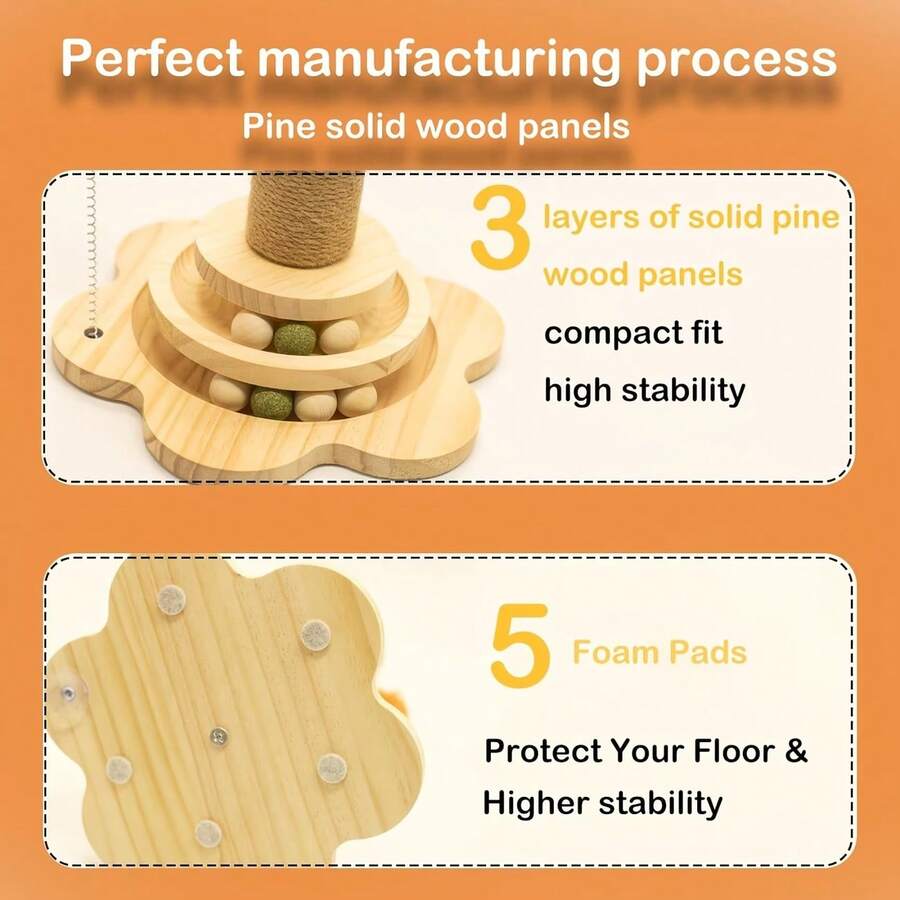 Wooden 4-in-1 interactive cat scratching post with sisal column, sturdy anti-tipping base, and play attachments for kittens and adult cats.