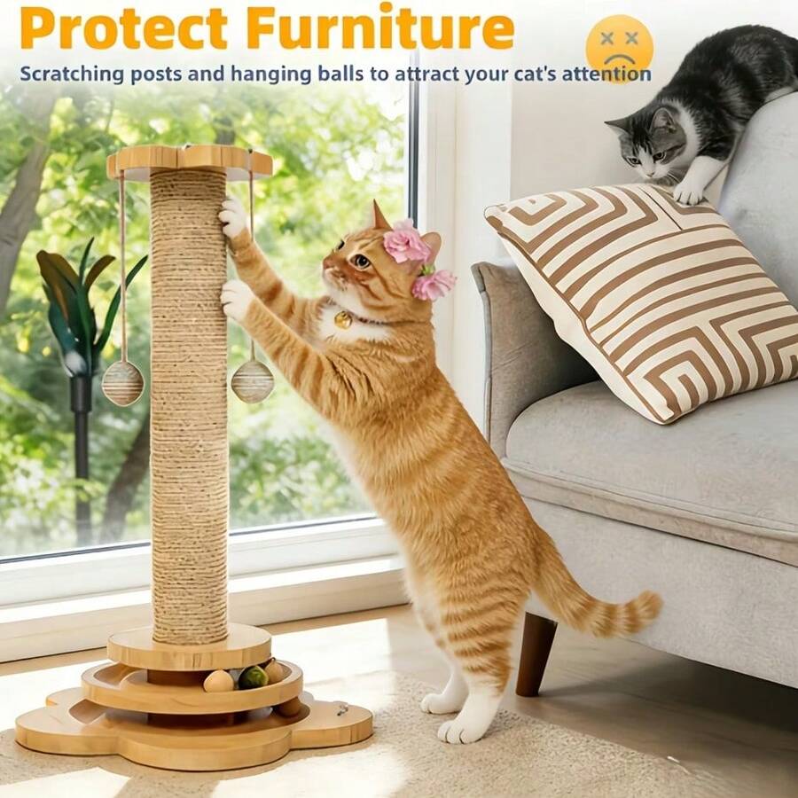 Wooden 4-in-1 interactive cat scratching post with sisal column, sturdy anti-tipping base, and play attachments for kittens and adult cats.
