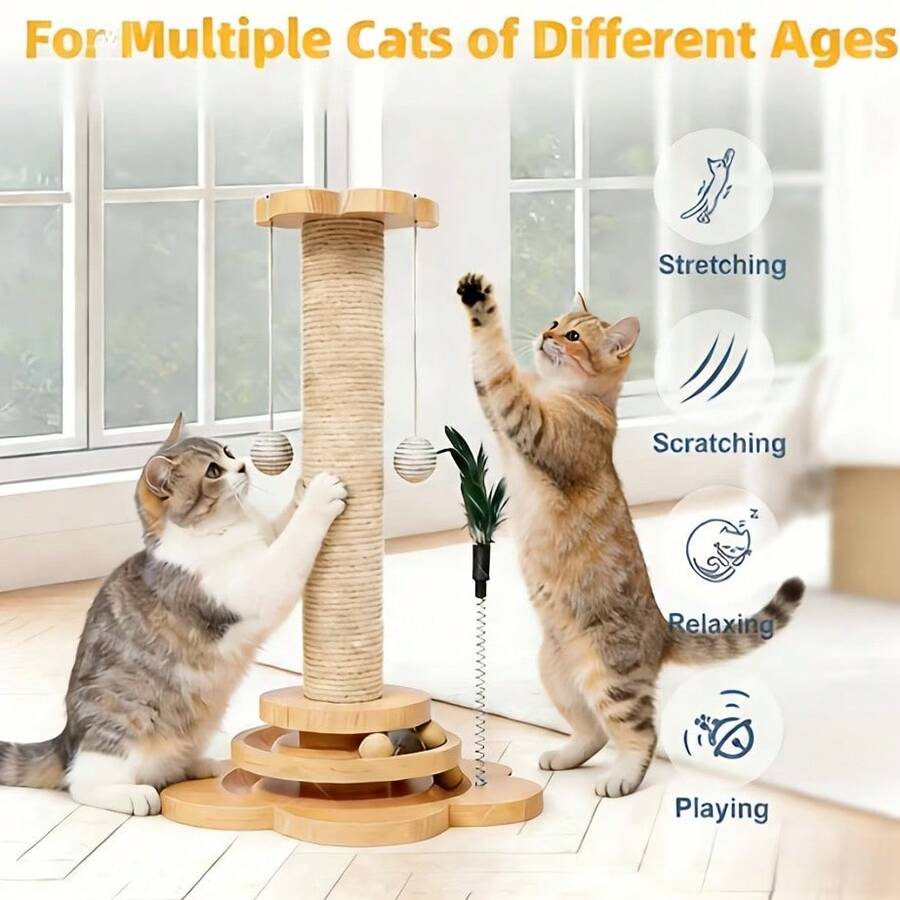 Wooden 4-in-1 interactive cat scratching post with sisal column, sturdy anti-tipping base, and play attachments for kittens and adult cats.