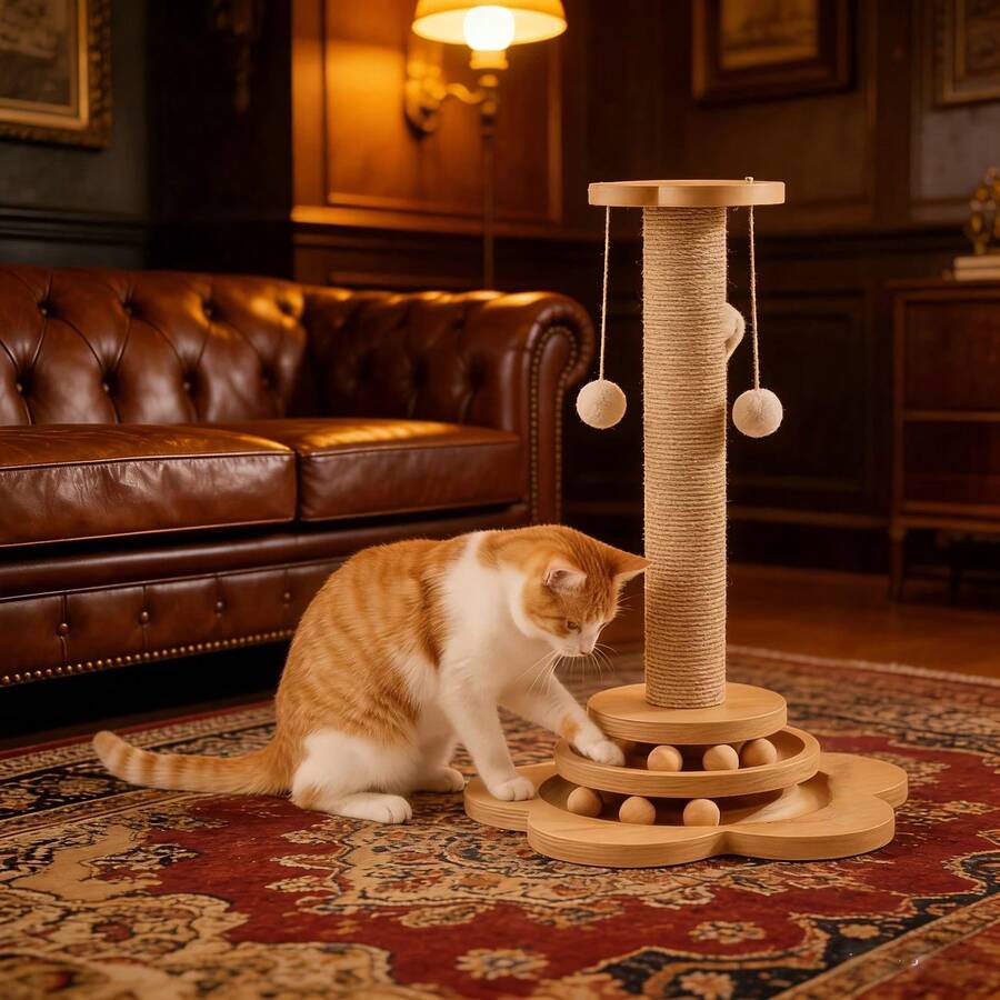 Wooden 4-in-1 interactive cat scratching post with sisal column, sturdy anti-tipping base, and play attachments for kittens and adult cats.