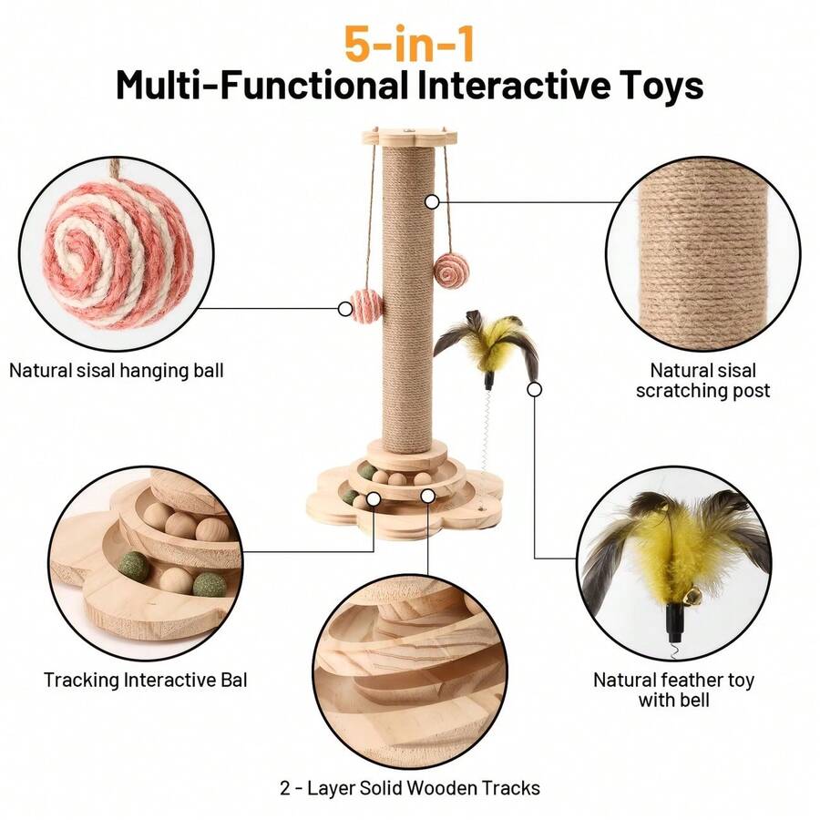 Wooden 4-in-1 interactive cat scratching post with sisal column, sturdy anti-tipping base, and play attachments for kittens and adult cats.