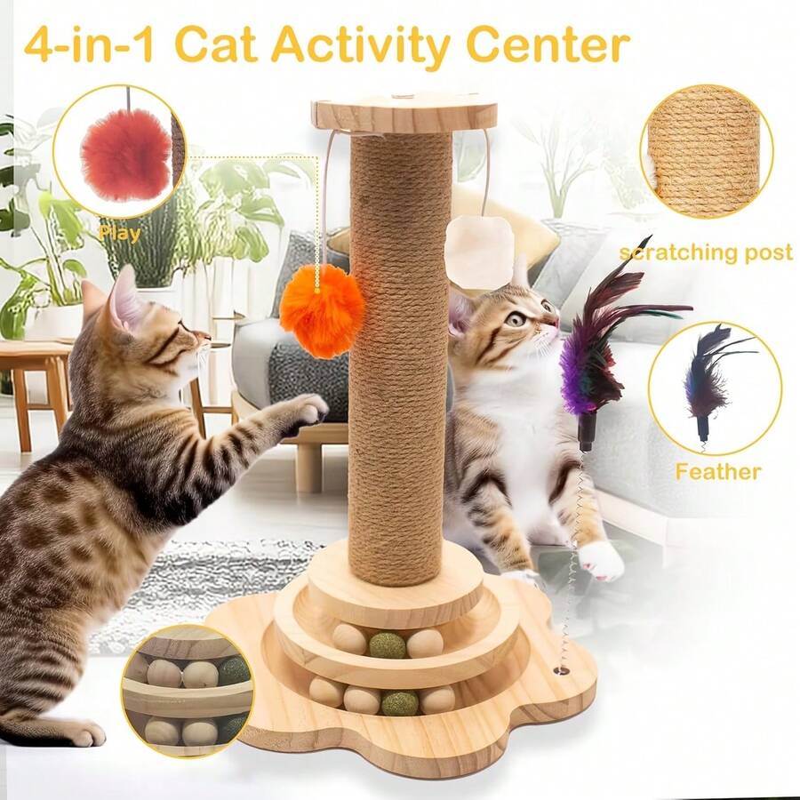 Wooden 4-in-1 interactive cat scratching post with sisal column, sturdy anti-tipping base, and play attachments for kittens and adult cats.