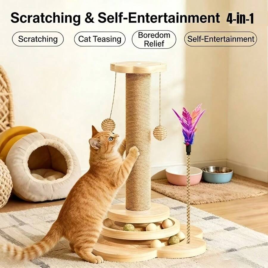 Wooden 4-in-1 interactive cat scratching post with sisal column, sturdy anti-tipping base, and play attachments for kittens and adult cats.