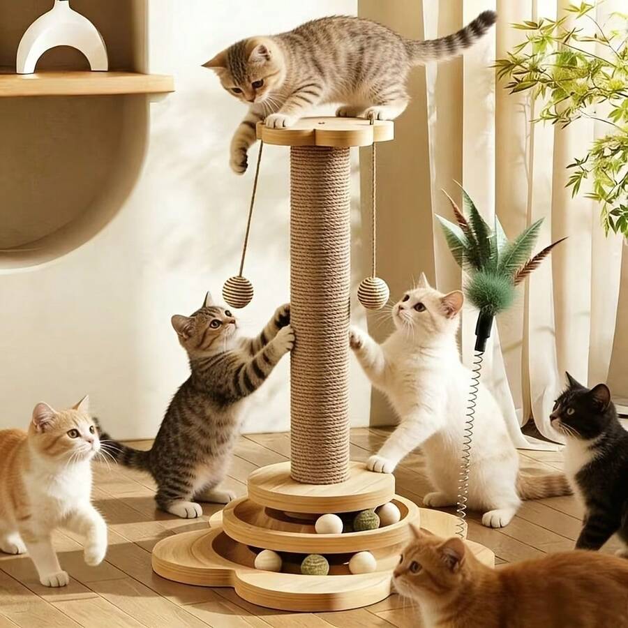 Wooden 4-in-1 interactive cat scratching post with sisal column, sturdy anti-tipping base, and play attachments for kittens and adult cats.