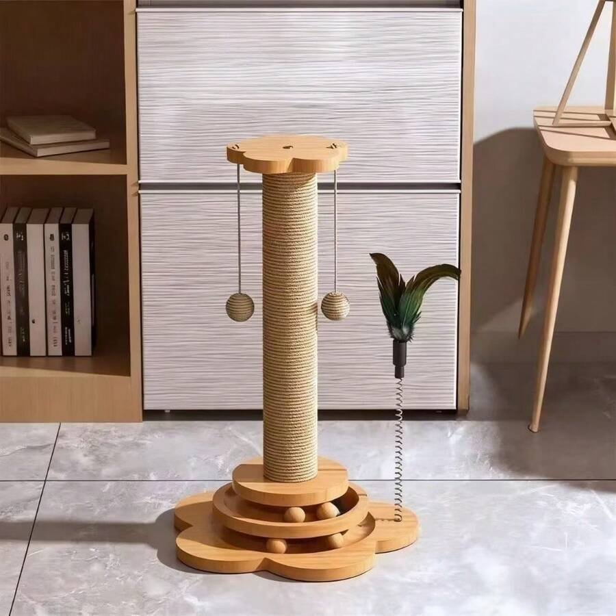 Wooden 4-in-1 interactive cat scratching post with sisal column, sturdy anti-tipping base, and play attachments for kittens and adult cats.