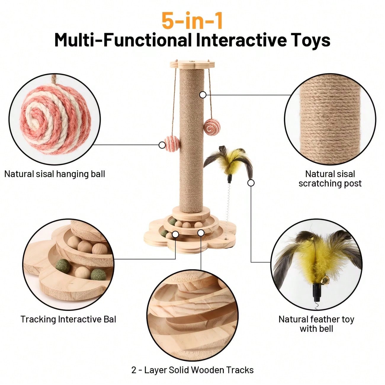 Wooden 4-in-1 interactive cat scratching post with sisal column, sturdy anti-tipping base, and play attachments for kittens and adult cats.