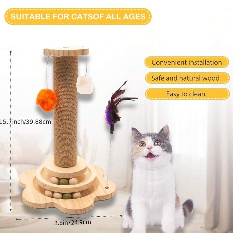 Wooden 4-in-1 interactive cat scratching post with sisal column, sturdy anti-tipping base, and play attachments for kittens and adult cats.