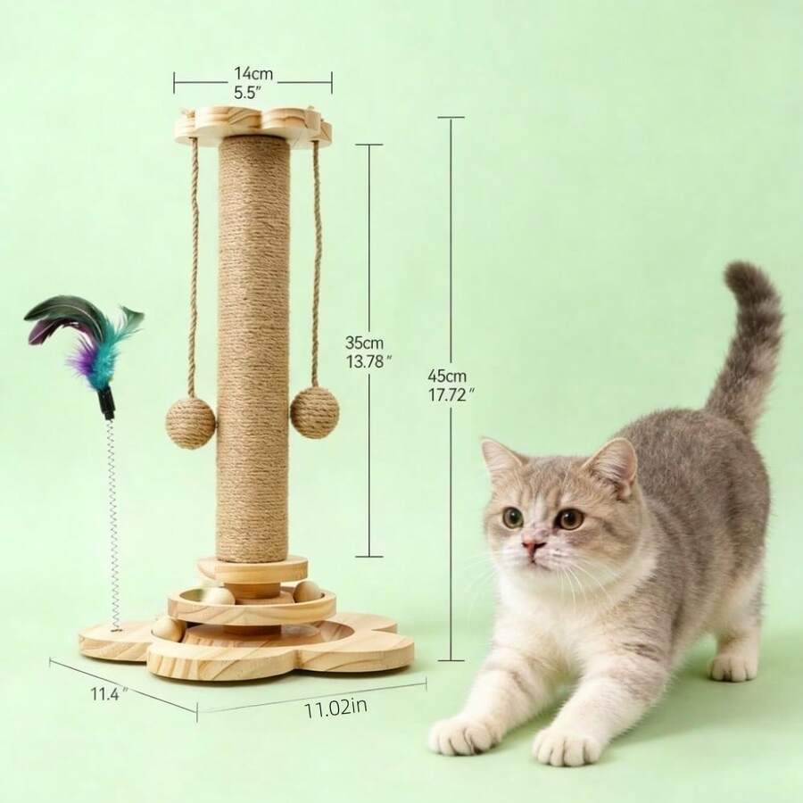 Wooden 4-in-1 interactive cat scratching post with sisal column, sturdy anti-tipping base, and play attachments for kittens and adult cats.