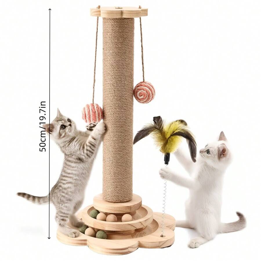 Wooden 4-in-1 interactive cat scratching post with sisal column, sturdy anti-tipping base, and play attachments for kittens and adult cats.