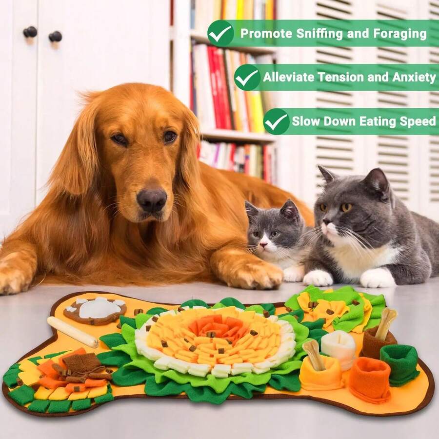 Yellow flower-shaped pet snuffle mat and slow feeder scent training pad for dogs and cats with fruit and vegetable print.