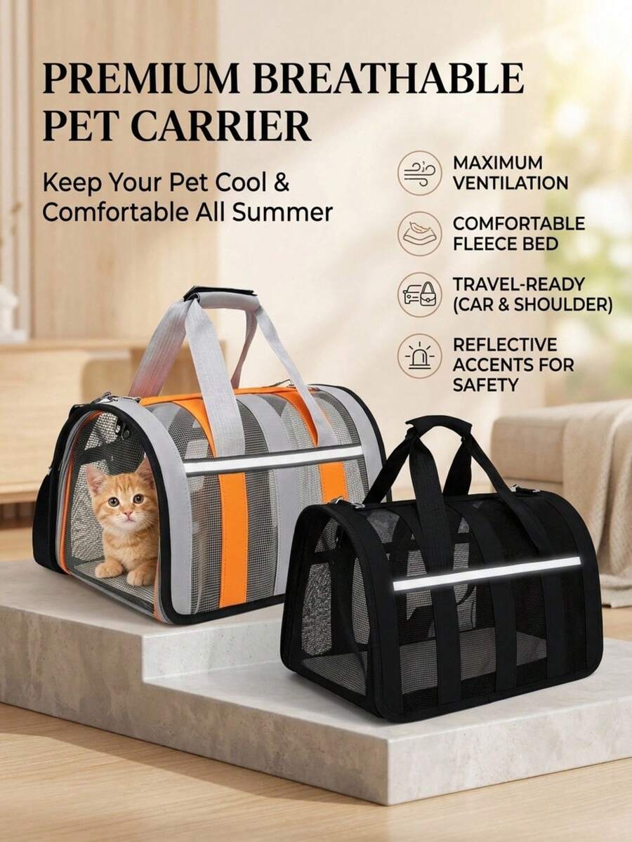 Orange foldable breathable mesh pet carrier backpack with geometric pattern for small animal travel