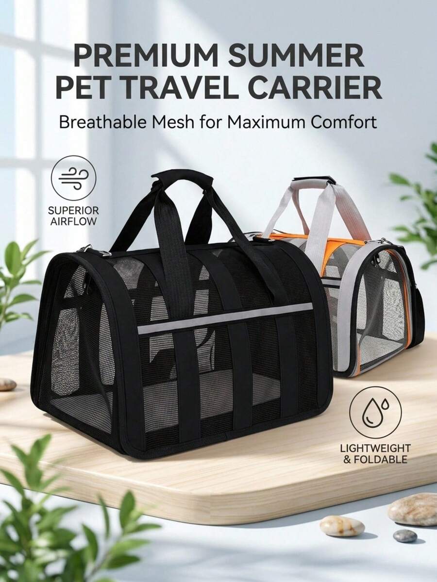 Orange foldable breathable mesh pet carrier backpack with geometric pattern for small animal travel