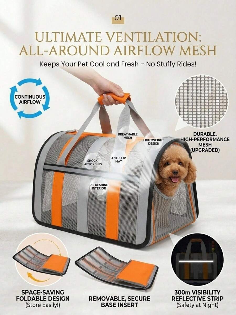 Orange foldable breathable mesh pet carrier backpack with geometric pattern for small animal travel