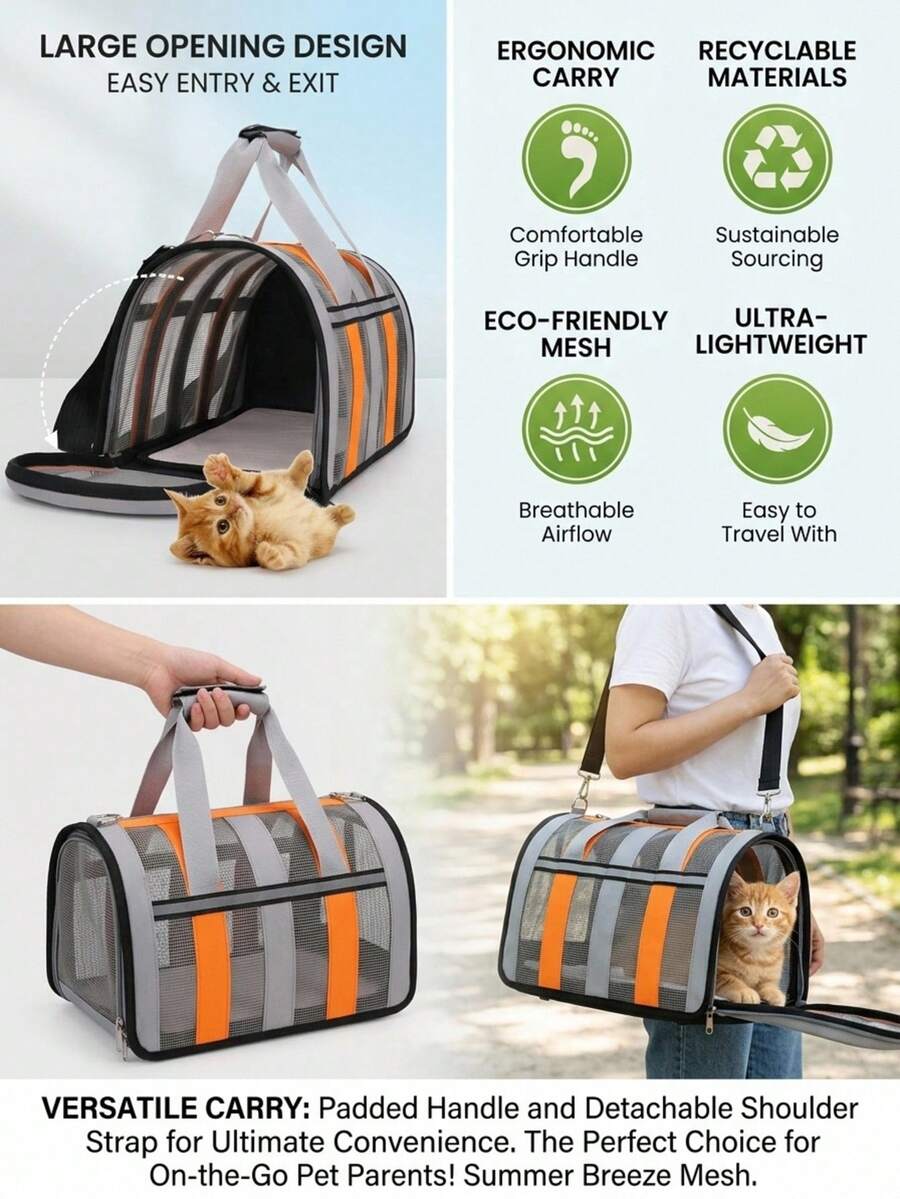 Orange foldable breathable mesh pet carrier backpack with geometric pattern for small animal travel
