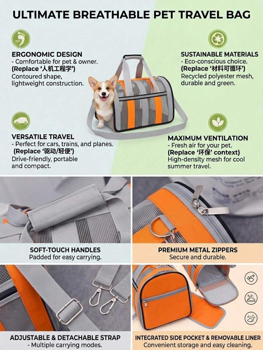 Orange foldable breathable mesh pet carrier backpack with geometric pattern for small animal travel