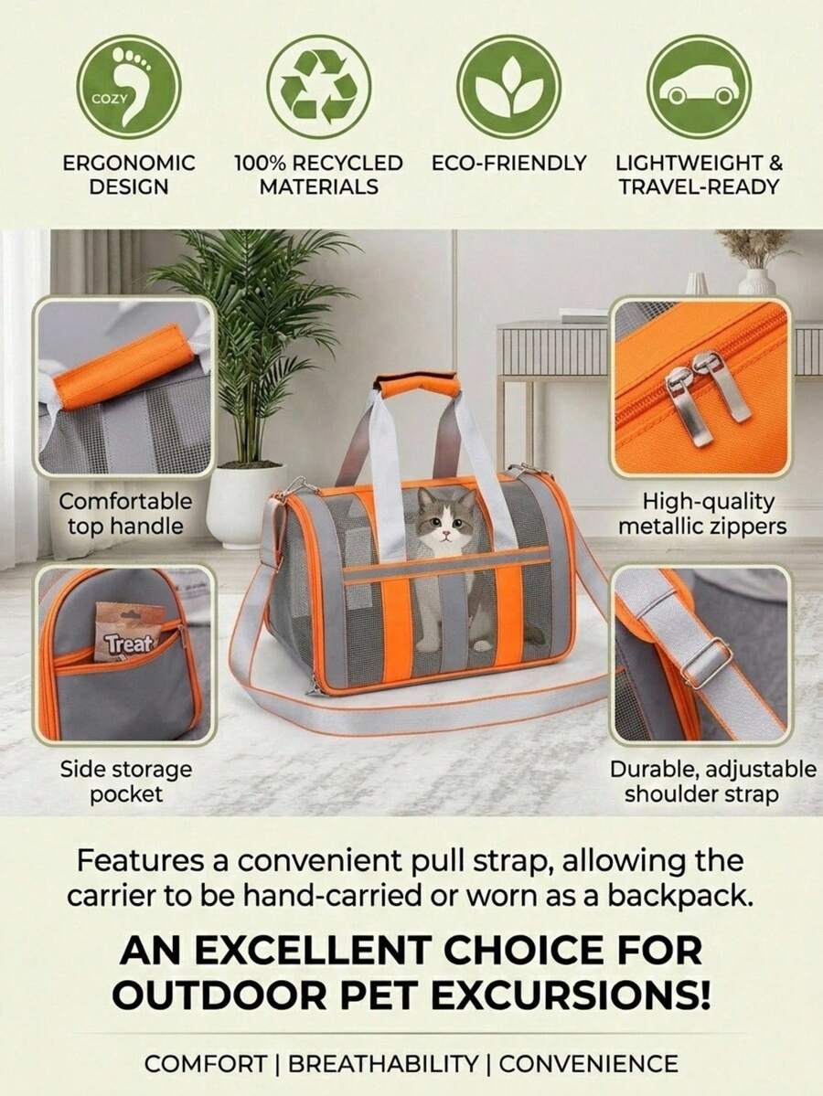 Orange foldable breathable mesh pet carrier backpack with geometric pattern for small animal travel