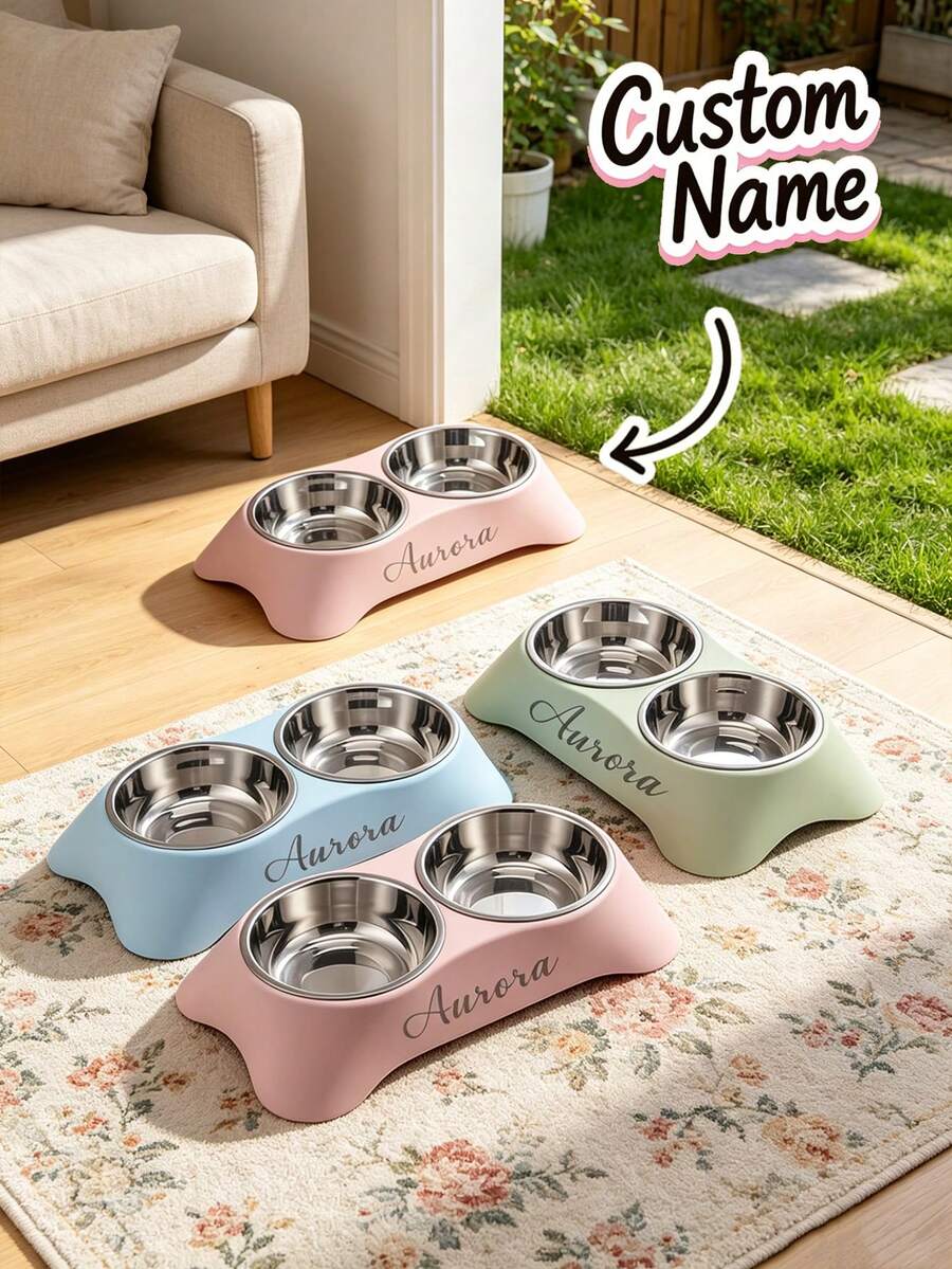 Multicolor personalized elevated cat bowl made of durable ABS material featuring neck protection design for food and water feeding.