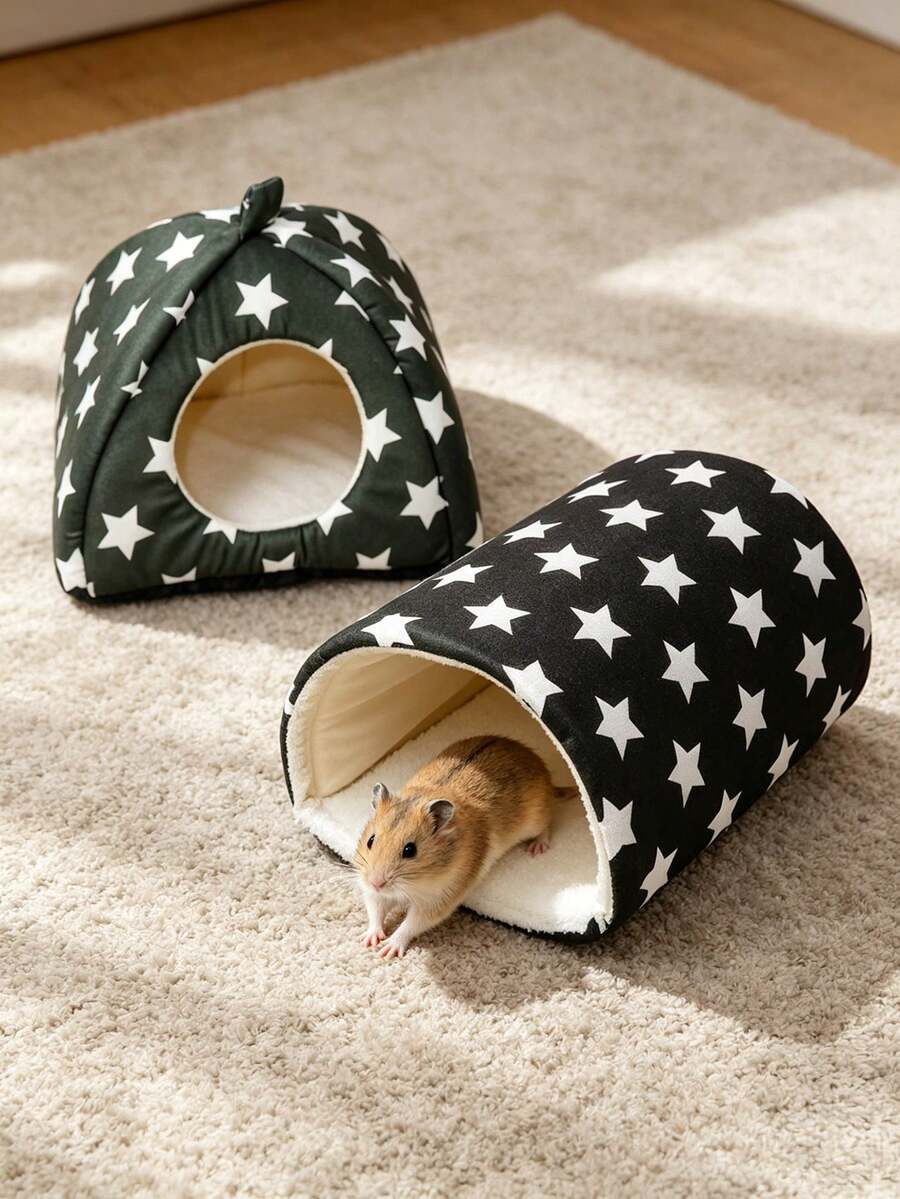 Pink strawberry pattern hamster bed hideaway nest made of soft polyester for small pets.