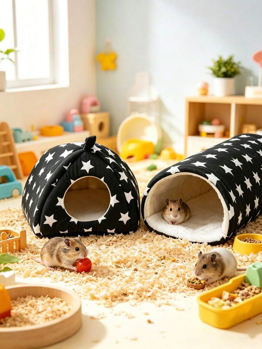 Pink strawberry pattern hamster bed hideaway nest made of soft polyester for small pets.