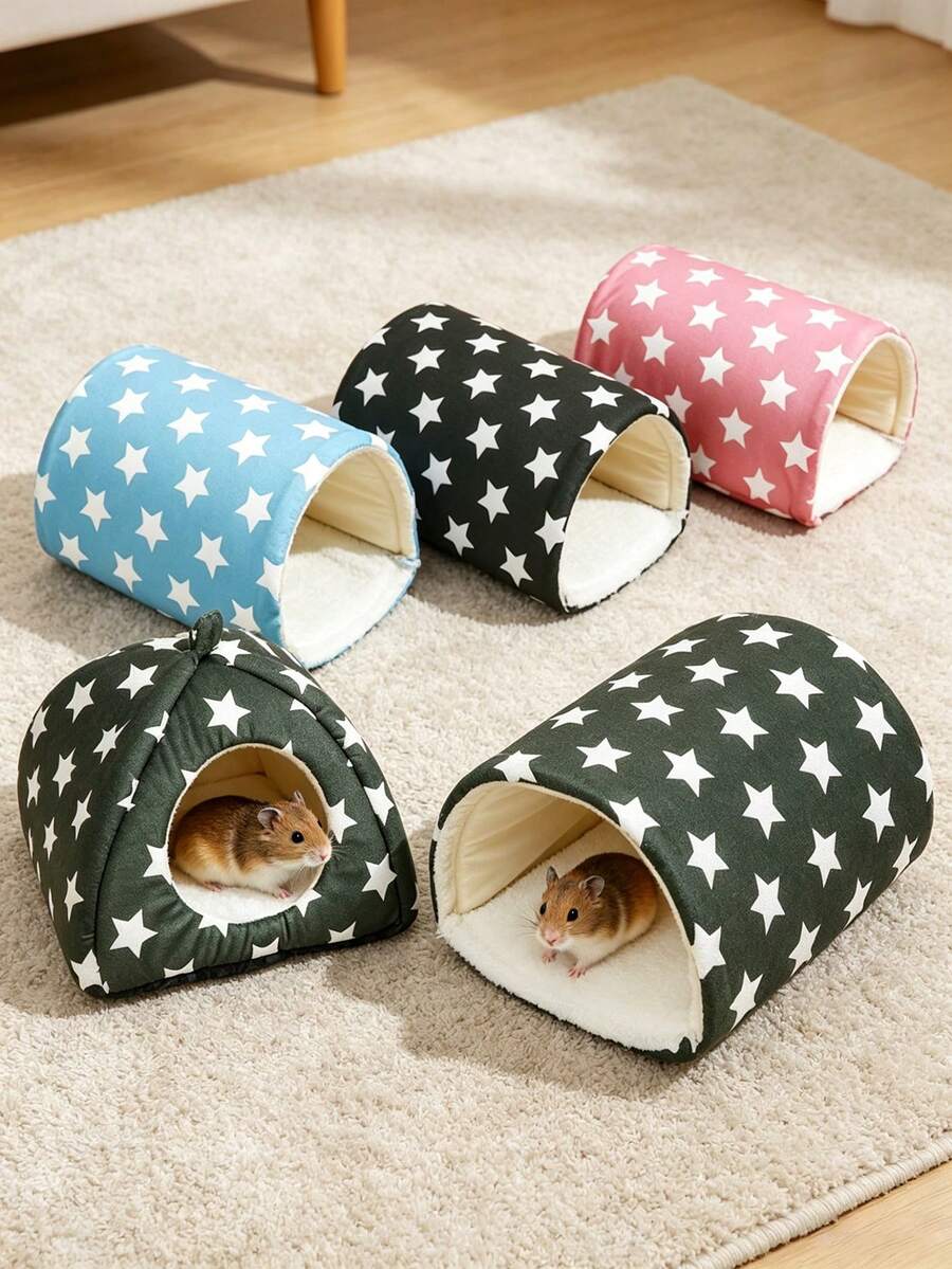 Pink strawberry pattern hamster bed hideaway nest made of soft polyester for small pets.