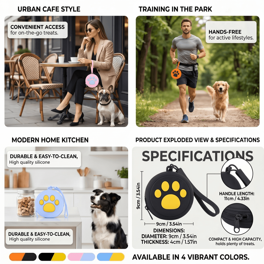 Cute Paw Print Silicone Pet Training Bag, Portable Dog Treat Pouch, Lightweight Waterproof Durable Easy-Clean Round Pet Snack Bag, Suitable For Pet Food