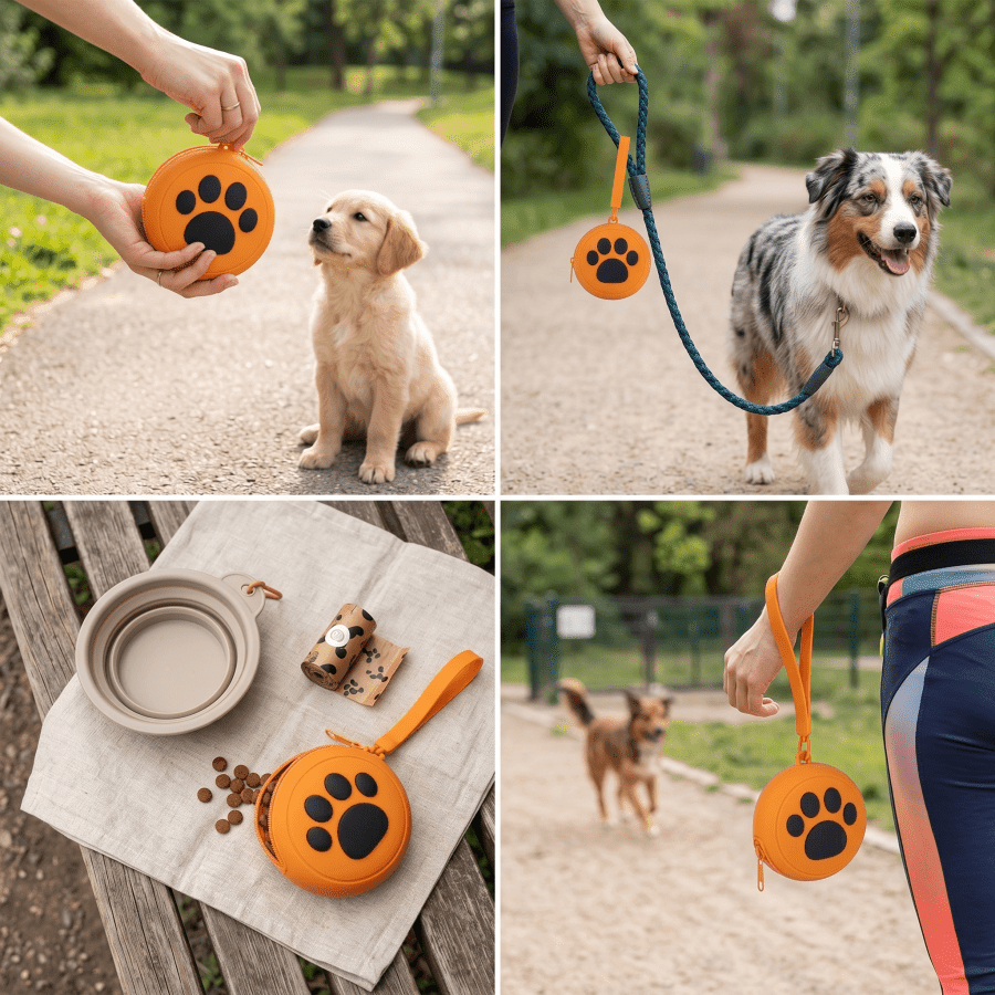 Cute Paw Print Silicone Pet Training Bag, Portable Dog Treat Pouch, Lightweight Waterproof Durable Easy-Clean Round Pet Snack Bag, Suitable For Pet Food