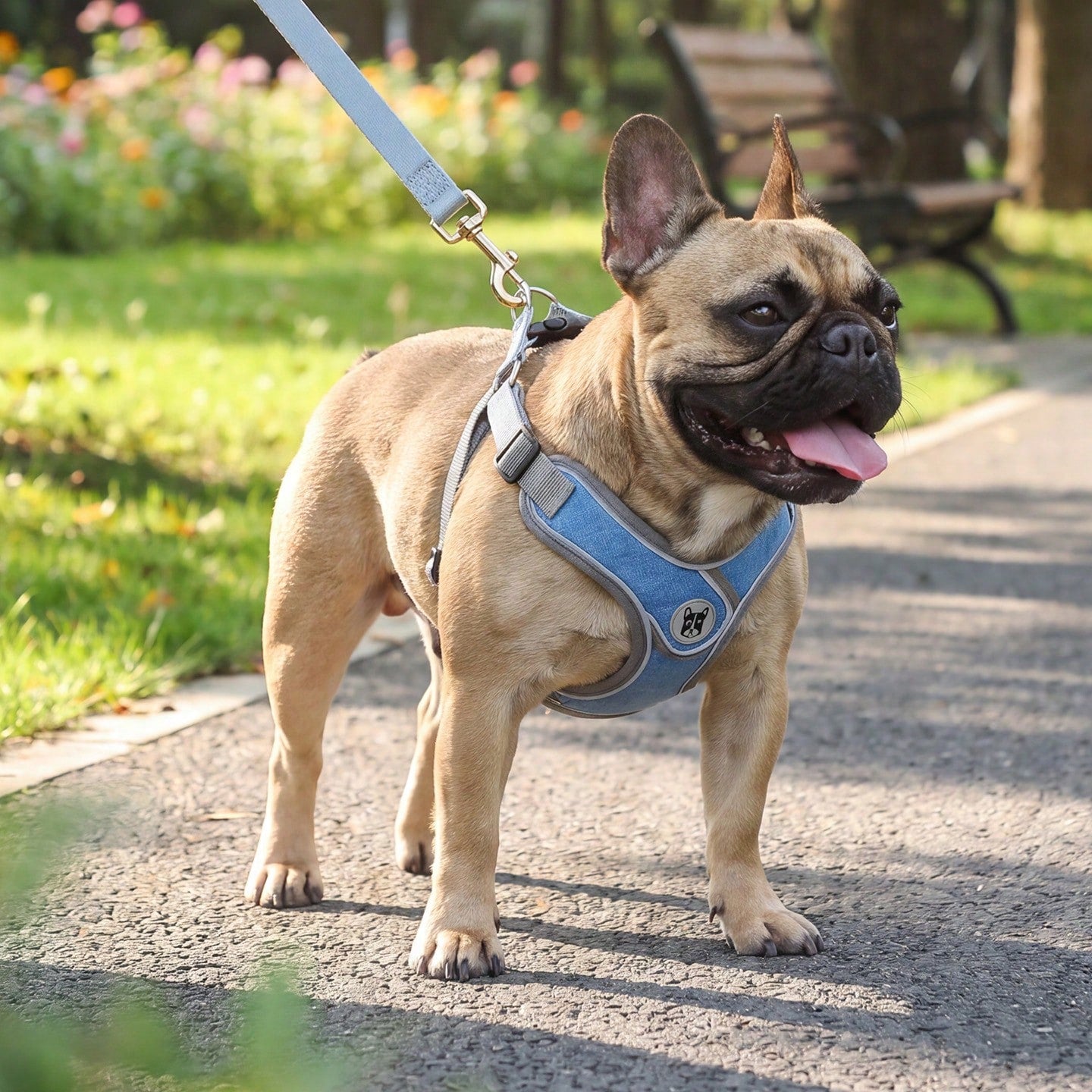Adjustable padded dog harness set with leash in a reflective vest style for small and medium dogs, polyester colorblock design