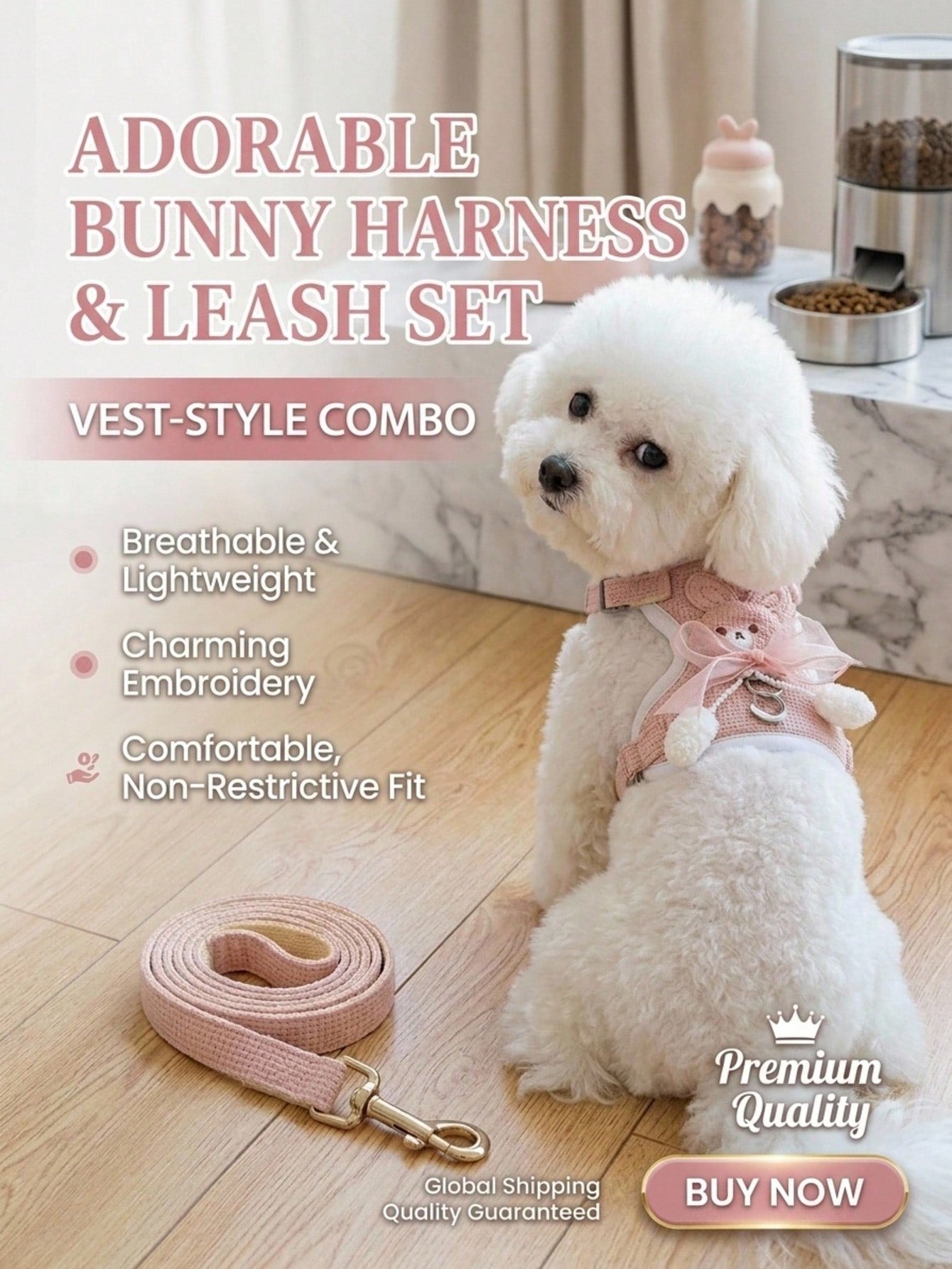 Pink adjustable acrylic pet leash and harness for cats and dogs, escape-proof design for outdoor walking