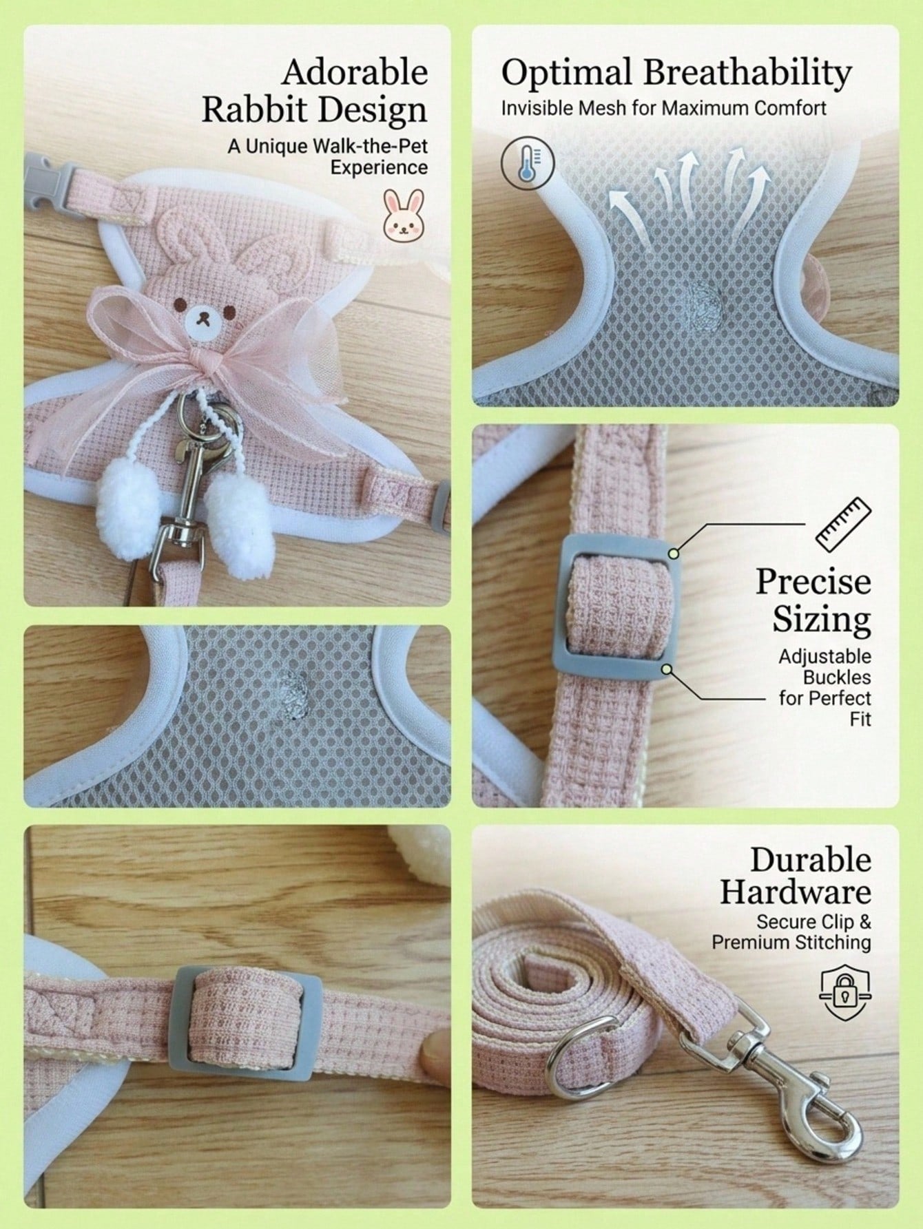 Pink adjustable acrylic pet leash and harness for cats and dogs, escape-proof design for outdoor walking