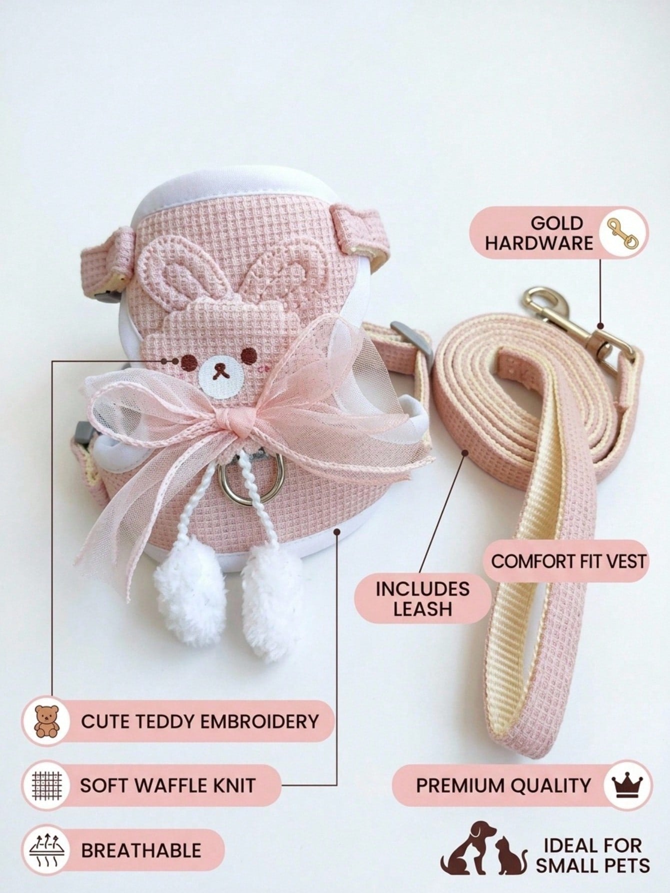 Pink adjustable acrylic pet leash and harness for cats and dogs, escape-proof design for outdoor walking