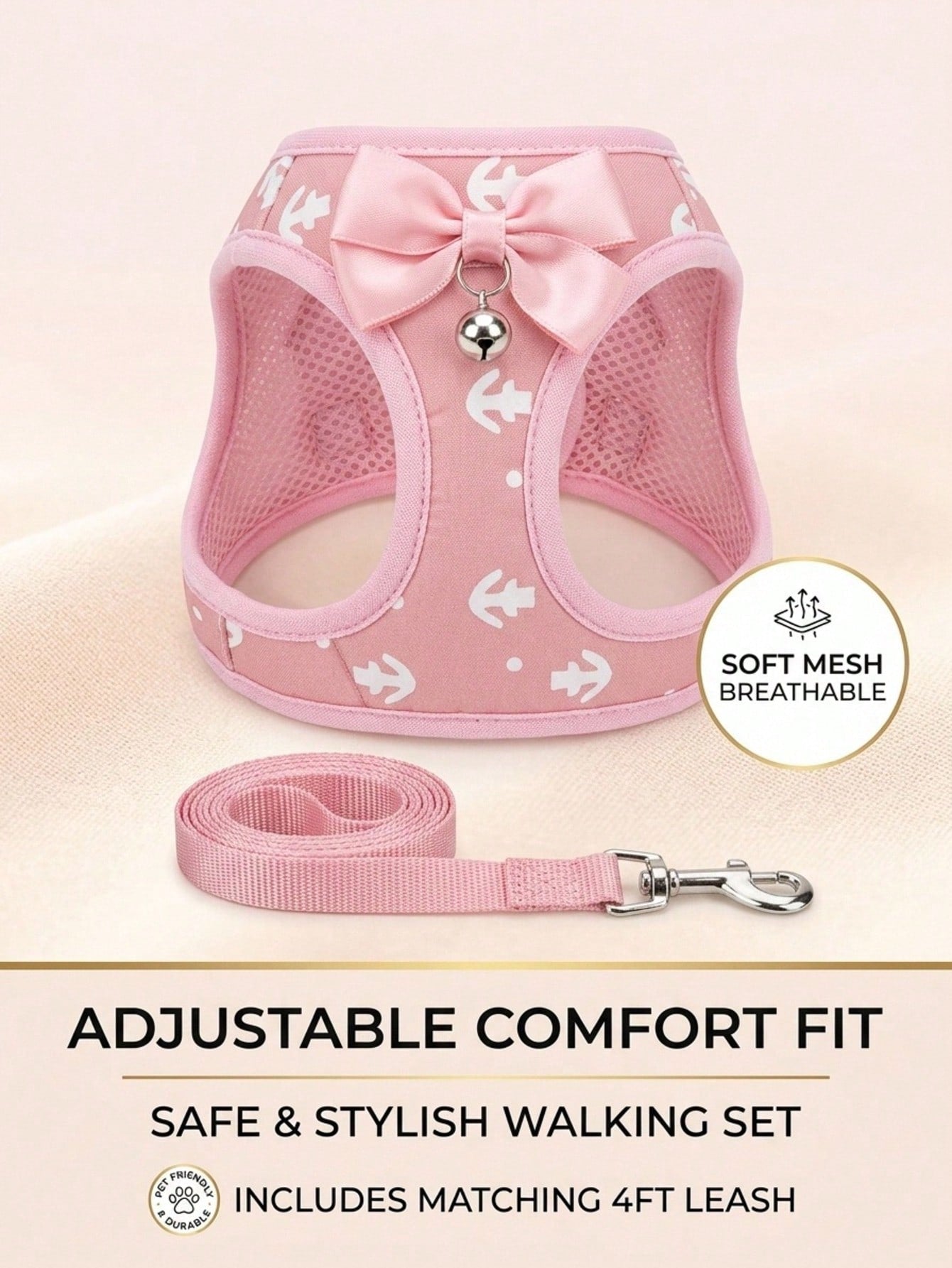 Pink polyester pet harness and leash set with bow design for cats, dogs, kittens, and puppies