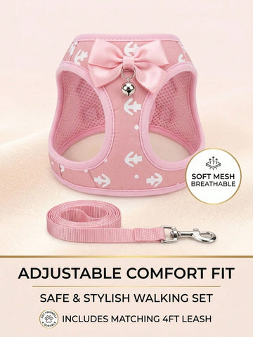 Pink polyester pet harness and leash set with bow design for cats, dogs, kittens, and puppies