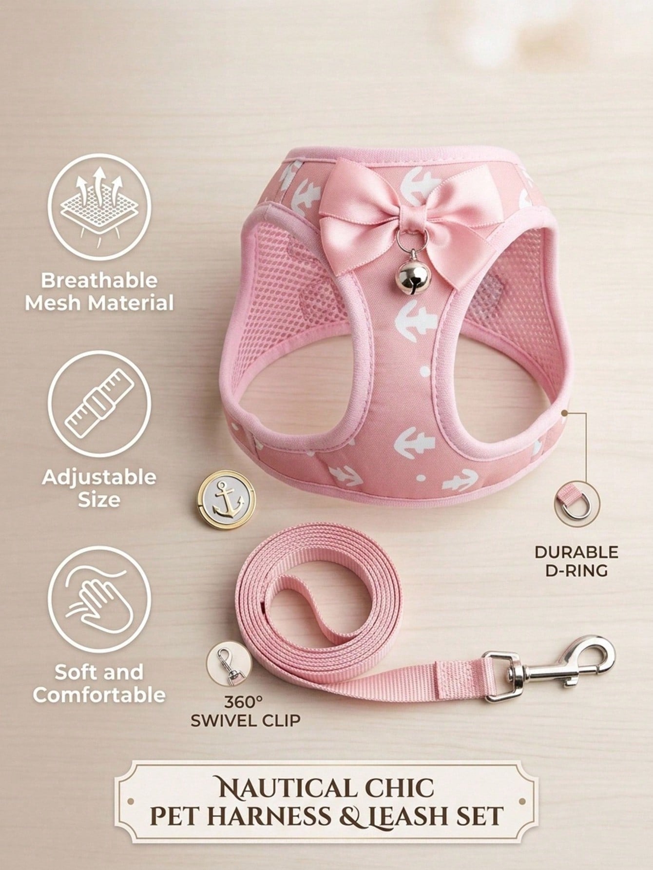 Pink polyester pet harness and leash set with bow design for cats, dogs, kittens, and puppies