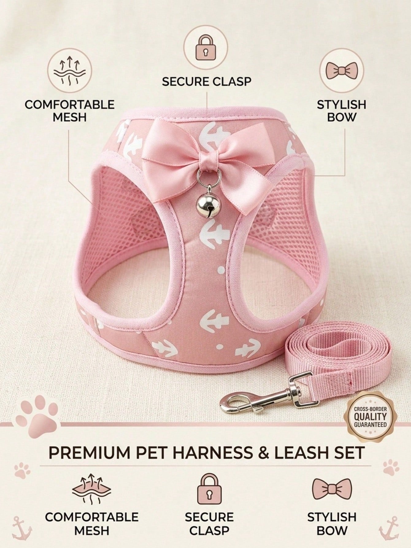 Pink polyester pet harness and leash set with bow design for cats, dogs, kittens, and puppies