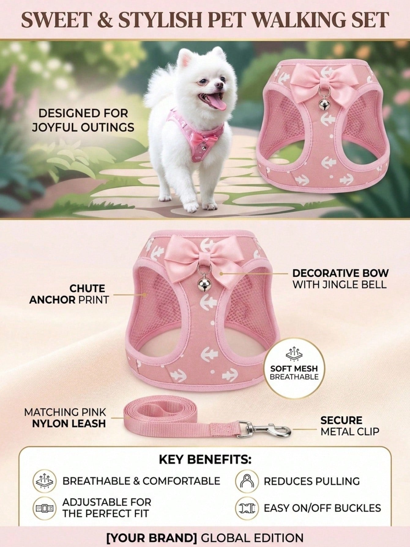 Pink polyester pet harness and leash set with bow design for cats, dogs, kittens, and puppies